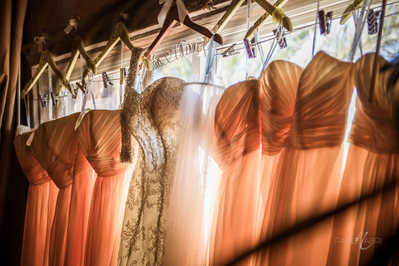 Bride and bridesmaids dresses hanging